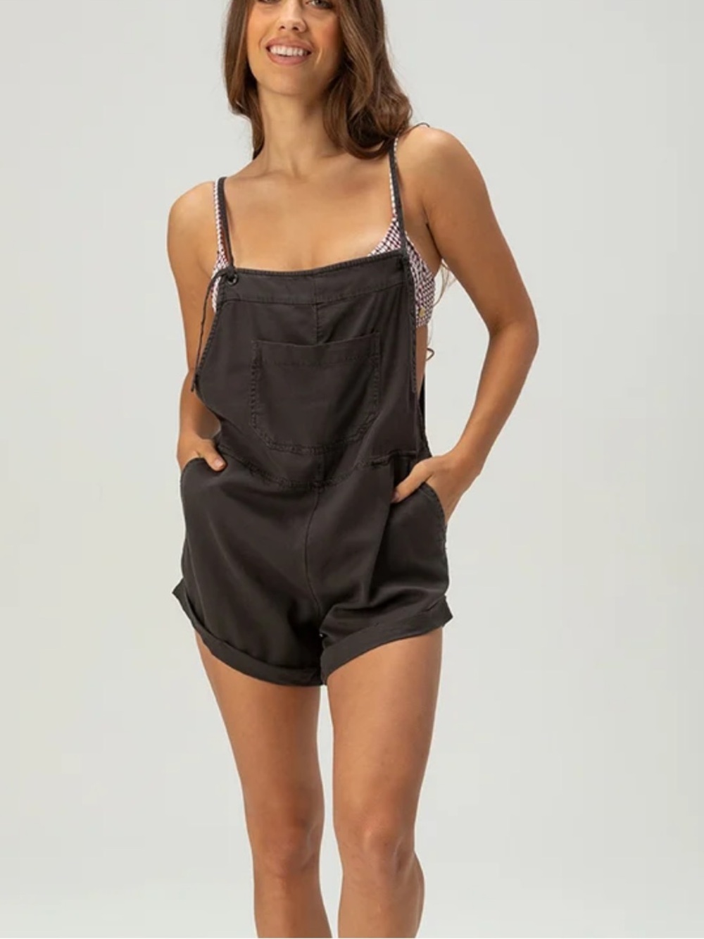 BILLABONG Wild Pursuit Womens Romper Off Black Short Charcoal Denim Overalls L - Picture 3 of 14